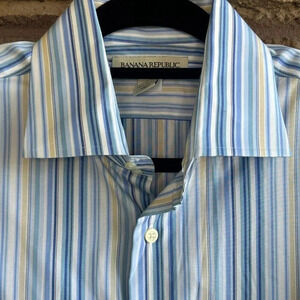 Banana Republic Men's Blue Striped Spread Collar 100% Cotton Shirt Size 17.5